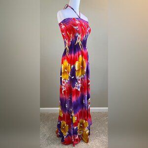 Women's Tropical Luau Halter Floral Print Halter Dress in Hibiscus Patterns